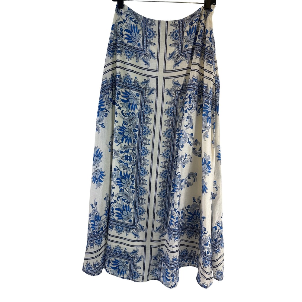 HM Linen Blend Maxi Skirt Blue White Paisley Floral European Travel Vaca Women 6